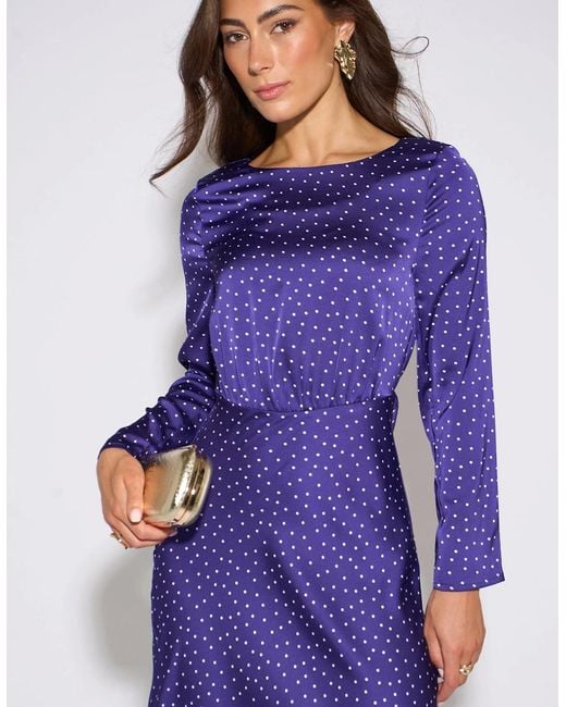 Gini London Blue Spot Long Sleeves Satin Midi Dress