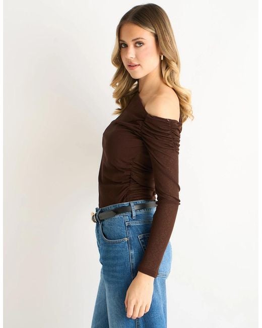 Gini London Brown Chocolate Jersey Slash Neck Long Sleeve Top