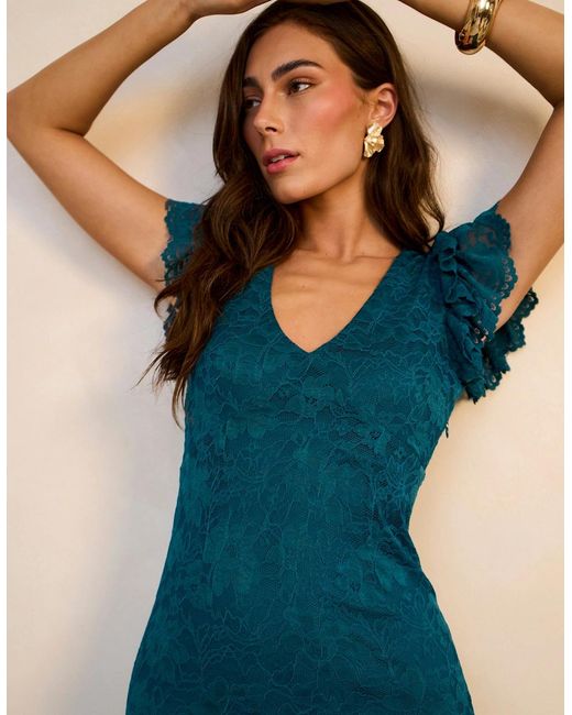 Gini London Blue Jersey Lace V Neck Ruffle Maxi Dress