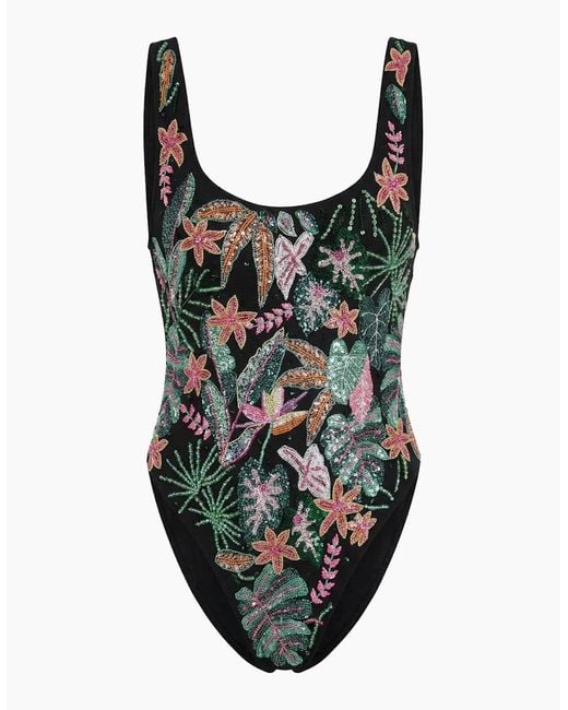 Oceanus Black Misty Tropical High Leg Swimsuit