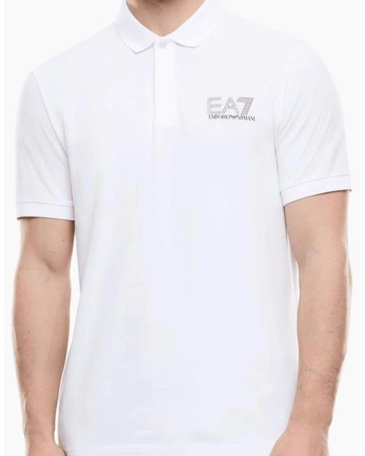 EA7 White Concealed Button Up Rear Logo Polo Shirt for men