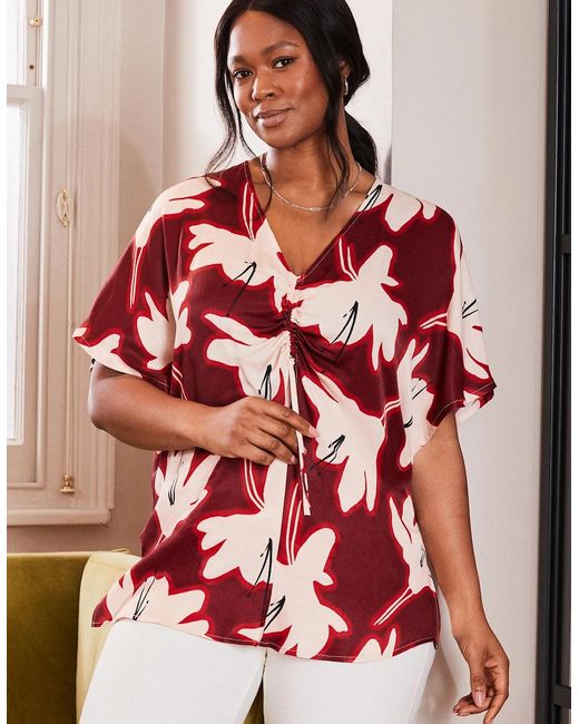 Live Unlimited London Red Floral Print Ruched Front Blouse