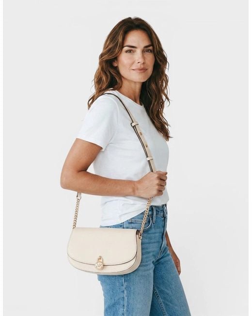 Michael Kors Natural Mila Medium Leather Messenger Bag Cream