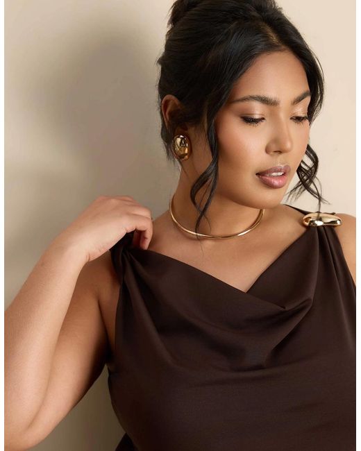 Live Unlimited London Brown Asymmetric Twist Maxi Dress With Trim