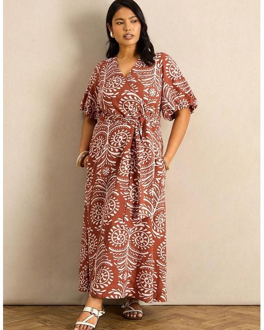 Live Unlimited London Brown Terracotta Print Linen Blend Puff Sleeve Wrap Dress
