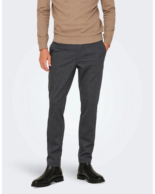 ONLY Blue Plaid Slim Five Pocket Chinos for men