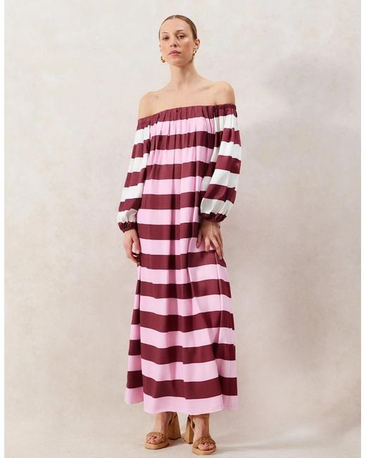 Ro&zo Red Gigi Striped Bardot Maxi Dress