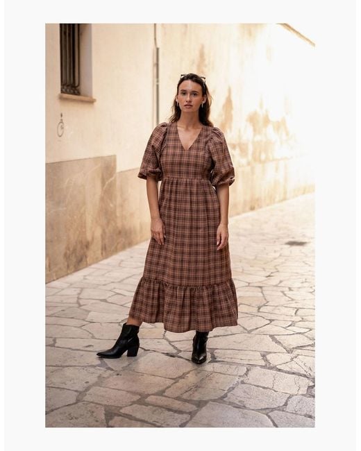 Gini London Brown Cotton Puff Sleeves V Neck Midi Dress