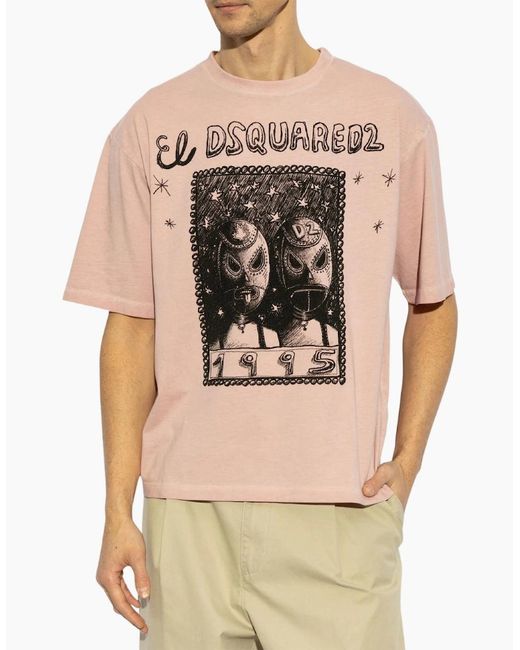 DSquared² Pink Overlay Graphic Loose Fit T-Shirt Dusty Antic Rose for men