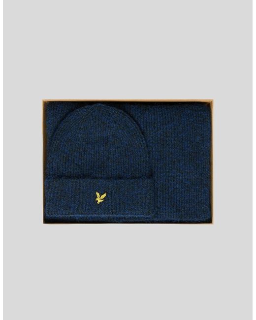 Lyle & Scott Blue Brushed Scarf And Beanie Set for men