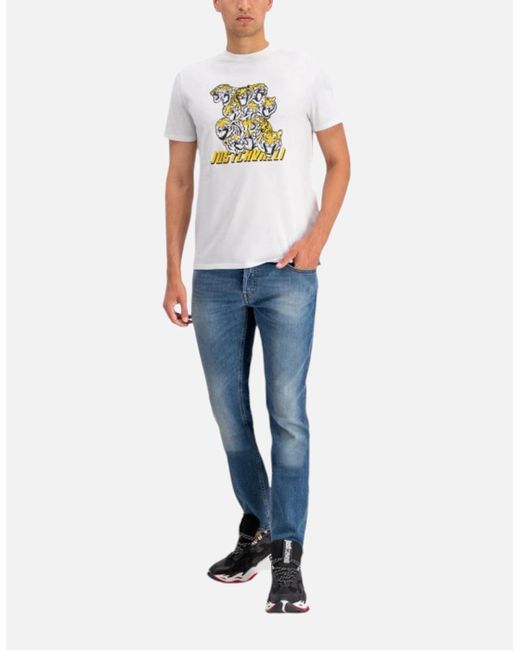 Just Cavalli White S03Gc0549 T-Shirt Tiger Short Sleeve Tops Cotton Tee for men