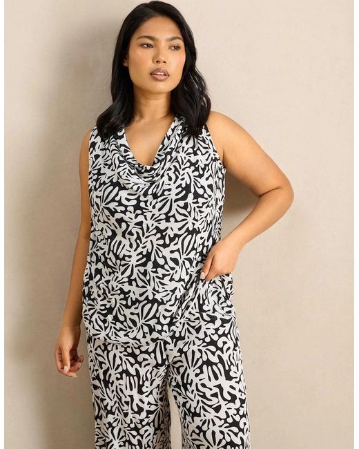 Live Unlimited London Black Print Cowl Neck Crinkle Top