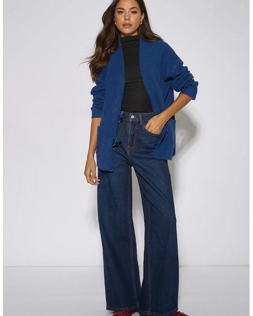 Gini London Blue Textured Button Detail Long Sleeves Cardigan