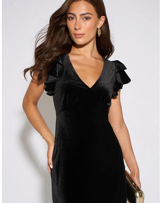 Gini London Black V Neck Ruffle Sleeves Velvet Occasion Maxi Dress