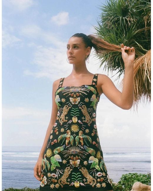 Oceanus Green Aurelia Embroidered Luxury Mini Dress