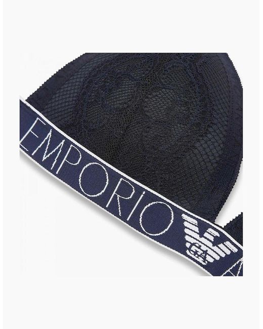 Emporio Armani Blue Logoband Lace Padded Triangle Bra, Marine