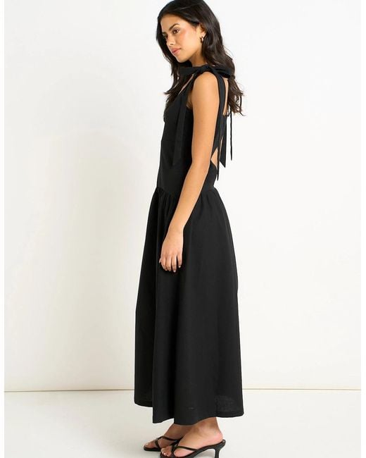 Gini London Black Viscose And Linen Blend Drop Waist Midi Dress