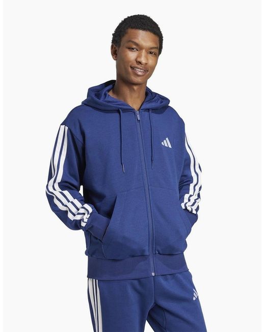 Adidas Blue Fleece 3 Stripes Full Zip Hoodie for men