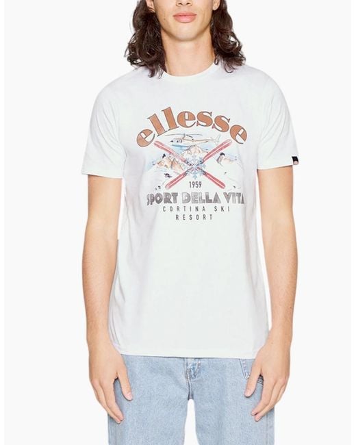 Ellesse White Printed T Shirts Crew Neck Short Sleeve Cotton Tee Summer Beach Top for men