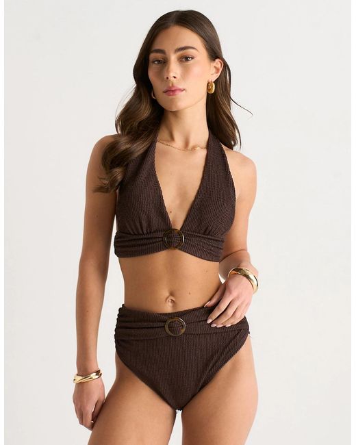 Gini London Brown Textured High Waisted Bottoms With Ring Belt Detail