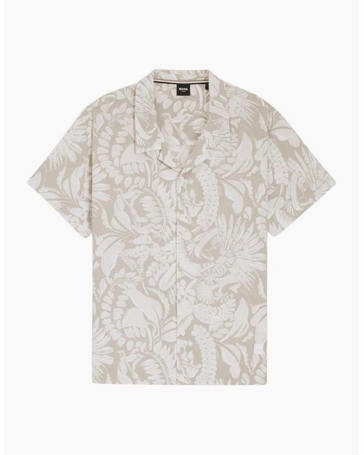 Boss White Straight Fit Patterned Beach Shirt for men