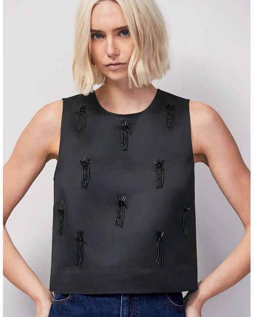 Ro&zo Blue Embroidered Beaded Shell Top