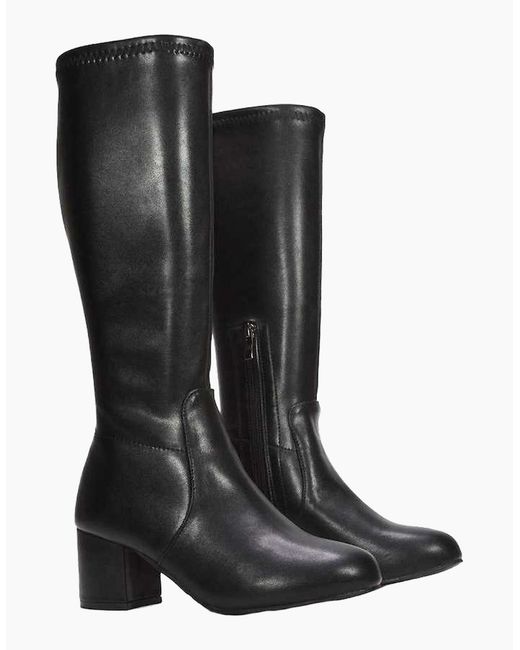 XY London Black Ladies Masie Knee-High Low Mid Block Heel Boots
