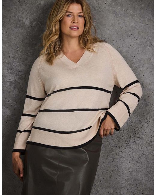 Live Unlimited London Gray And Stripe V Neck Jumper