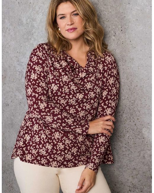 Live Unlimited London Red Ditsy Floral Jersey Cowl Neck Top