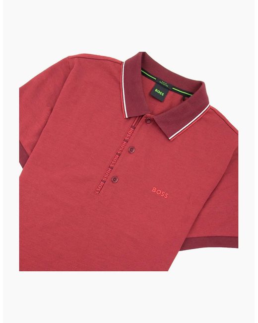 Boss Red Paule 4 Slim Fit Branded Placket Polo Burgundy 654 for men