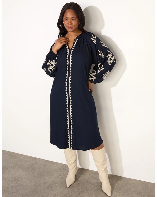 Live Unlimited London Blue Embroidered Sleeve Tie Neck Dress
