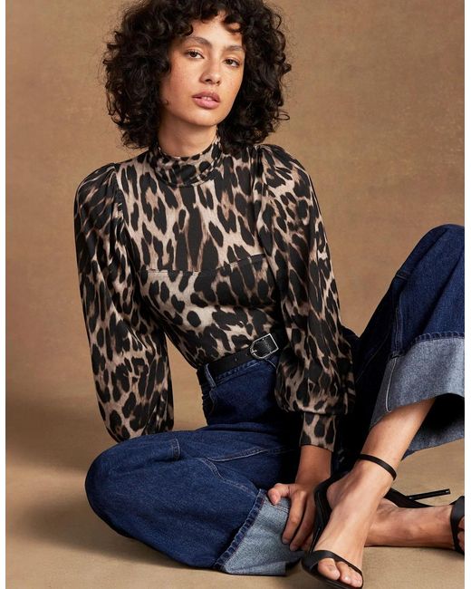 Ro&zo Black Leopard-Print Puff-Sleeve Bodysuit