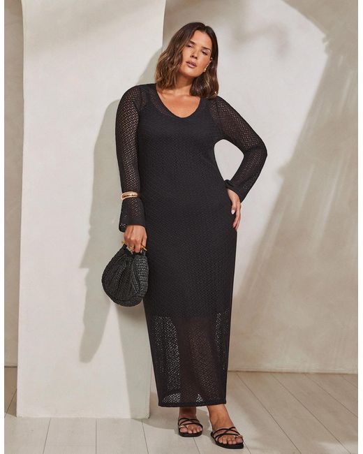 Live Unlimited London Black Crochet Bell Sleeve Midaxi Dress