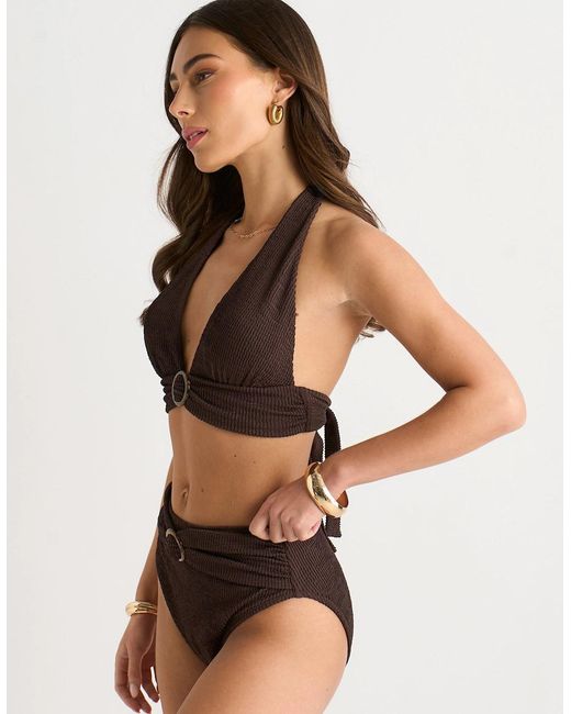 Gini London Brown Textured High Waisted Bottoms With Ring Belt Detail