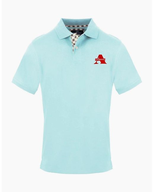 Aquascutum Blue Embroidered Collared Neck Short Sleeve Polo Shirt for men