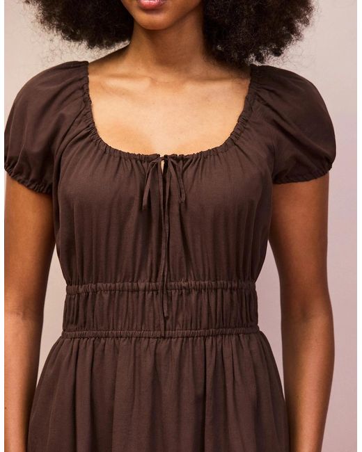 Ro&zo Brown Petite Gathered Neck Cotton Dress