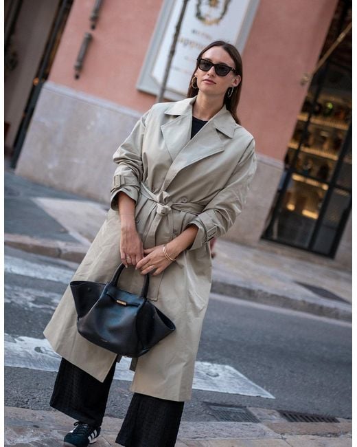 Gini London Natural Sage Double Breast Longline Belted Trench Coat