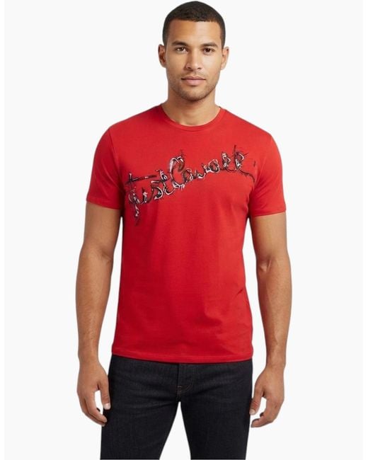 Just Cavalli Red S03Gc0368 T-Shirt Logo Print Short Sleeve Tops Cotton Tee for men