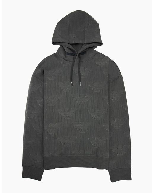 Emporio Armani Gray Hooded Sweatshirt With All-Over Op-Art Eagle for men