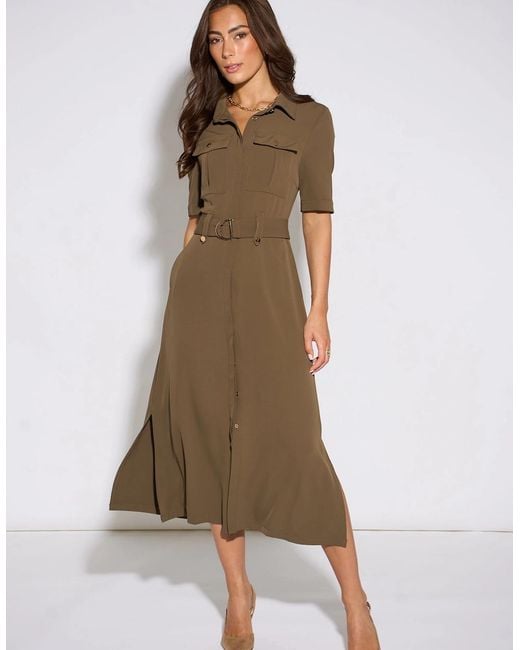 Gini London Brown Taupe Hardware Detail Utility Shirt Dress