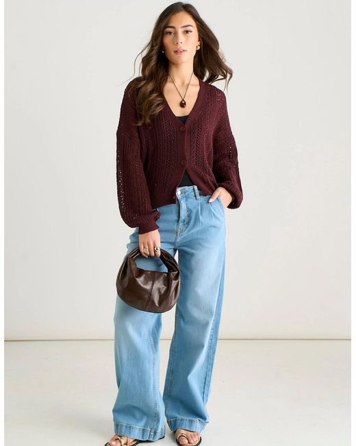 Gini London Purple Chocolate Pointelle Knit Button-Front Cardigan