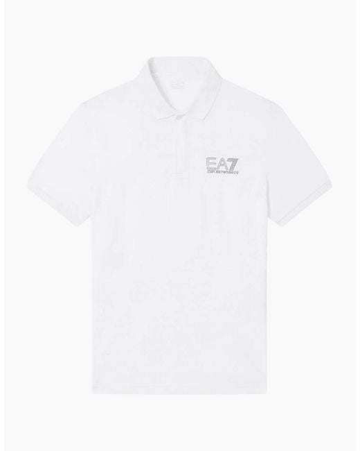 EA7 White Concealed Button Up Rear Logo Polo Shirt for men
