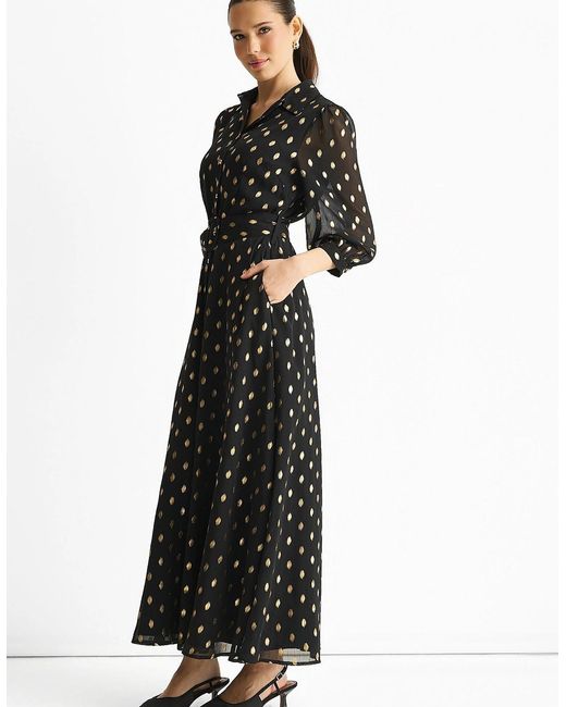 Gini London Black Chiffon Foil Belted Maxi Shirt Dress