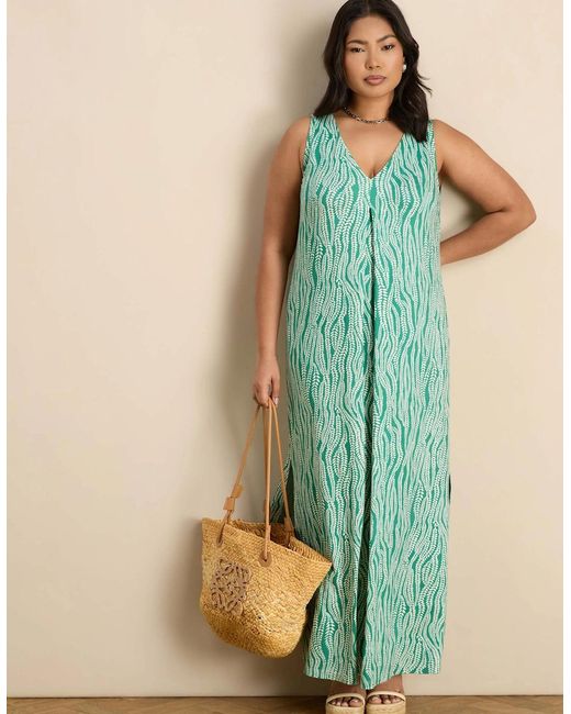 Live Unlimited London Green Linear Leaf Print Jersey Pleat Front Maxi Dress