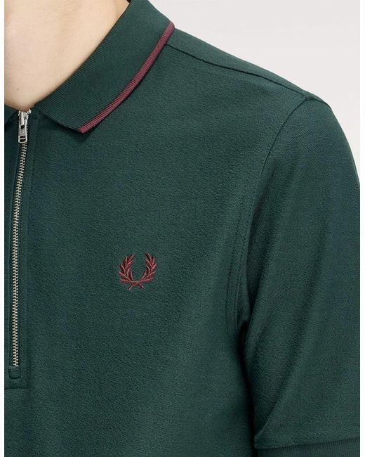 Fred Perry Green Crepe Pique Zip Neck Polo Shirt for men