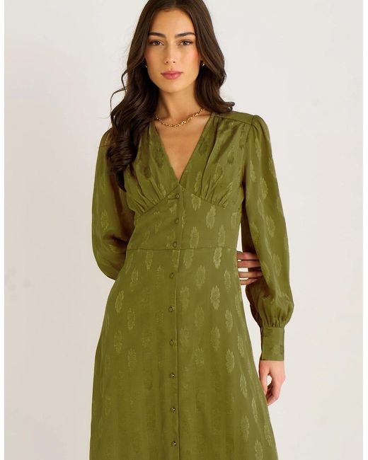 Gini London Green Long Sleeve Floral Satin Jacquard Maxi Dress