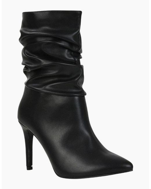 XY London Black Ladies Velma Ruched Pointed High Stiletto Heel Mid Boots