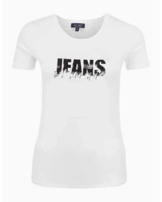 Armani White Jeans 6X5T01 5J00Z T Shirt Casual Crew Neck Short Sleeve Top