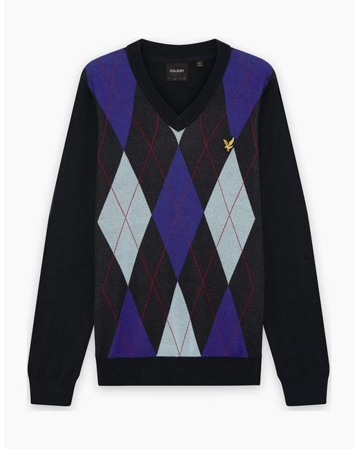 Lyle & Scott Blue Lyle & Scott Argyle Knitted V-Neck Jumper Dark for men