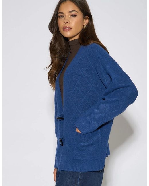 Gini London Blue Textured Button Detail Long Sleeves Cardigan